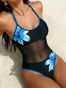 Swim Vcay Women's One-Piece Floral Mesh Patchwork Swimsuit, Summer Holiday Beach Swimwear - Multicolor - View 1