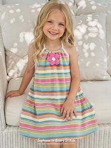 Cozy Pixies Young Girl Cute Rainbow Striped 3D Floral Decor Spaghetti Strap Ruffle Hem Casual Dress, Suitable For Daily Outing And Holiday - Multicolor - View 2