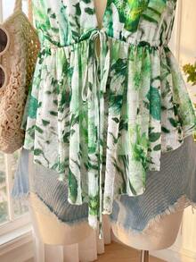 Comfortcana Top de mujer talla grande con cuello halter, lazo, volantes y corte en A, estampado de leopardo y patrón floral tropical, primavera/verano - Verde - Ver 5