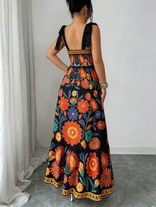 Elenzga Vestido de vacaciones para mujer con estampado floral y tirantes con nudo en los hombros - Negro - Ver 2