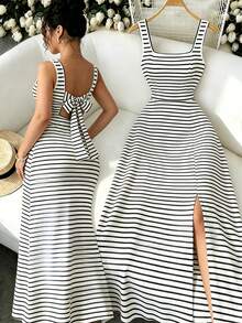 Selianne New Square Neck Women's Sleeveless Ribbed Knit Split Design Back Bow Tie Elegant Slim Fit Party Long Dress - Black and White - View 1