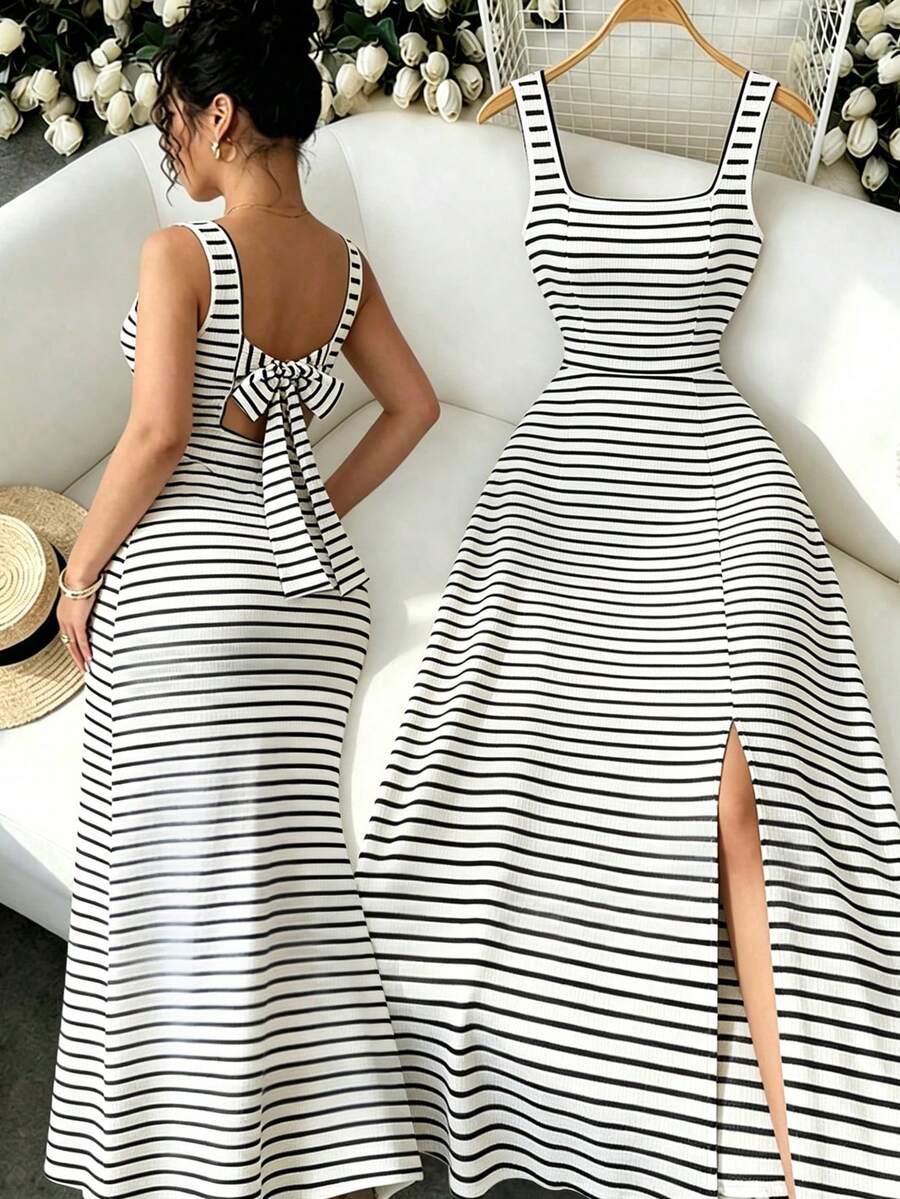 Selianne New Square Neck Women's Sleeveless Ribbed Knit Split Design Back Bow Tie Elegant Slim Fit Party Long Dress - Black and White - View 1