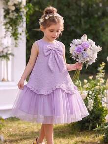 Elladie kids 女童优雅无袖蓝色提花连衣裙，配蓝色网纱荷叶边蝴蝶结，适合女孩参加派对、活动和日常穿着。 - 紫色 - 查看 4