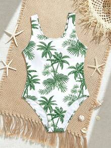 SHEIN 一件随机印花少女连体泳衣，清新夏威夷风，纯白底色搭配水彩绿色棕榈树印花，宽肩带设计，针织面料，时尚休闲，优雅大方，适合游泳、夏季度假、海滩、泳池、派对、休闲假期等场合。 - 彩色 - 查看 3