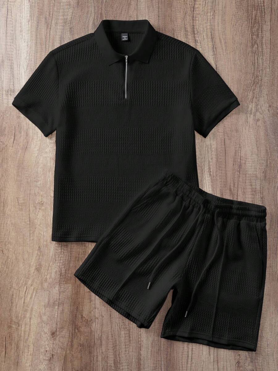 Manfinity Joysei 男士夏季休閒純色紋理布料半拉鍊短袖 Polo 衫短褲兩件套 - 黑色 - 查看 1