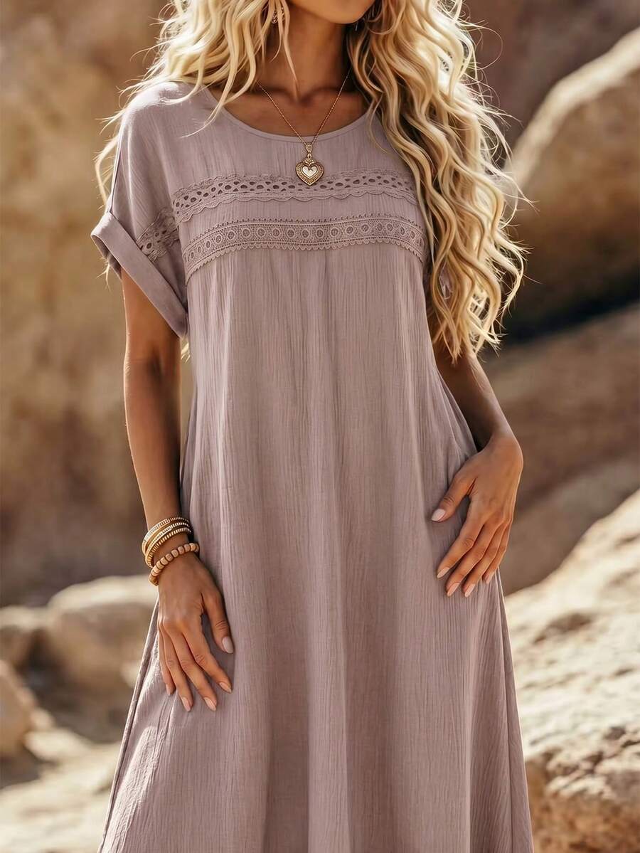 EMERY ROSE Plus Size Women Solid Color Lace Hollow Out Sleeveless Dress - Pink - View 1