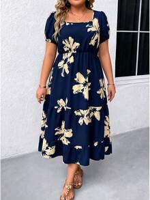 EMERY ROSE Vestido Maxi de Talla Grande con Cuello Cuadrado, Manga Corta, Estampado y Volantes en el Bajo para Mujer - Azul Marino - Ver 1