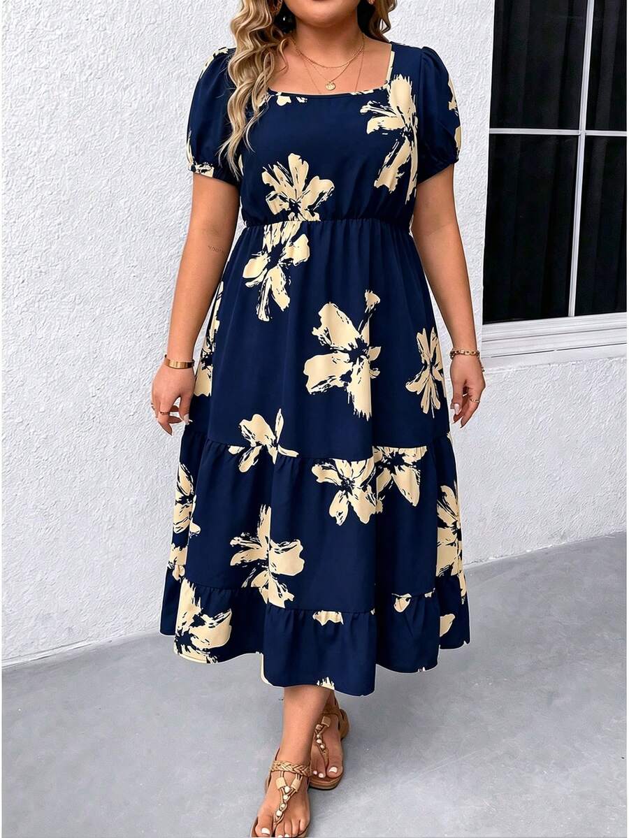 EMERY ROSE Vestido Maxi de Talla Grande con Cuello Cuadrado, Manga Corta, Estampado y Volantes en el Bajo para Mujer - Azul Marino - Ver 1