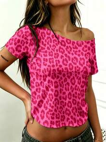 Rovax Fuchsia Leopard Print Cropped Asymmetric Shoulder Short Sleeve T-Shirt - Hot Pink - View 5