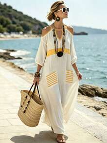 Breezaya Women's V-Neck Backless Shoulder Strap Minimalist Tropical Vacation Dress Beach White Summer - Yellow - View 2