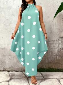 Breezaya Women's Plus Size Summer Zipper Neck Sleeveless Polka Dot Casual Elegant Dress - Green - View 6