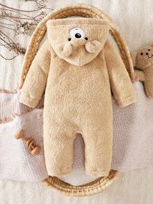 SHEIN Newborn Baby Boy Winter Cute Hooded Jumpsuit With Fluffy Bear Ears Beige Soft Fabric Teddy Bear Outfit Neutral Fall Family Matching Unisex Clothes - Apricot - View 2