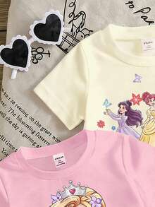 3件裝女嬰休閒舒適時尚創意個性清新可愛卡通小公主美人魚印花休閒風春夏短袖T恤 日常穿著適合春夏氛圍外出上衣 - 彩色 - 查看 4