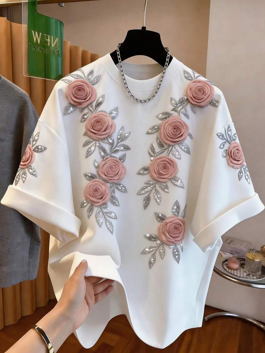 GlowEve 女士夏季新款宽松半袖奢华仿珍珠刺绣印花T恤,时尚百搭显瘦款式,适合日常休闲、通勤、约会等场合 - 白色 - 查看 1