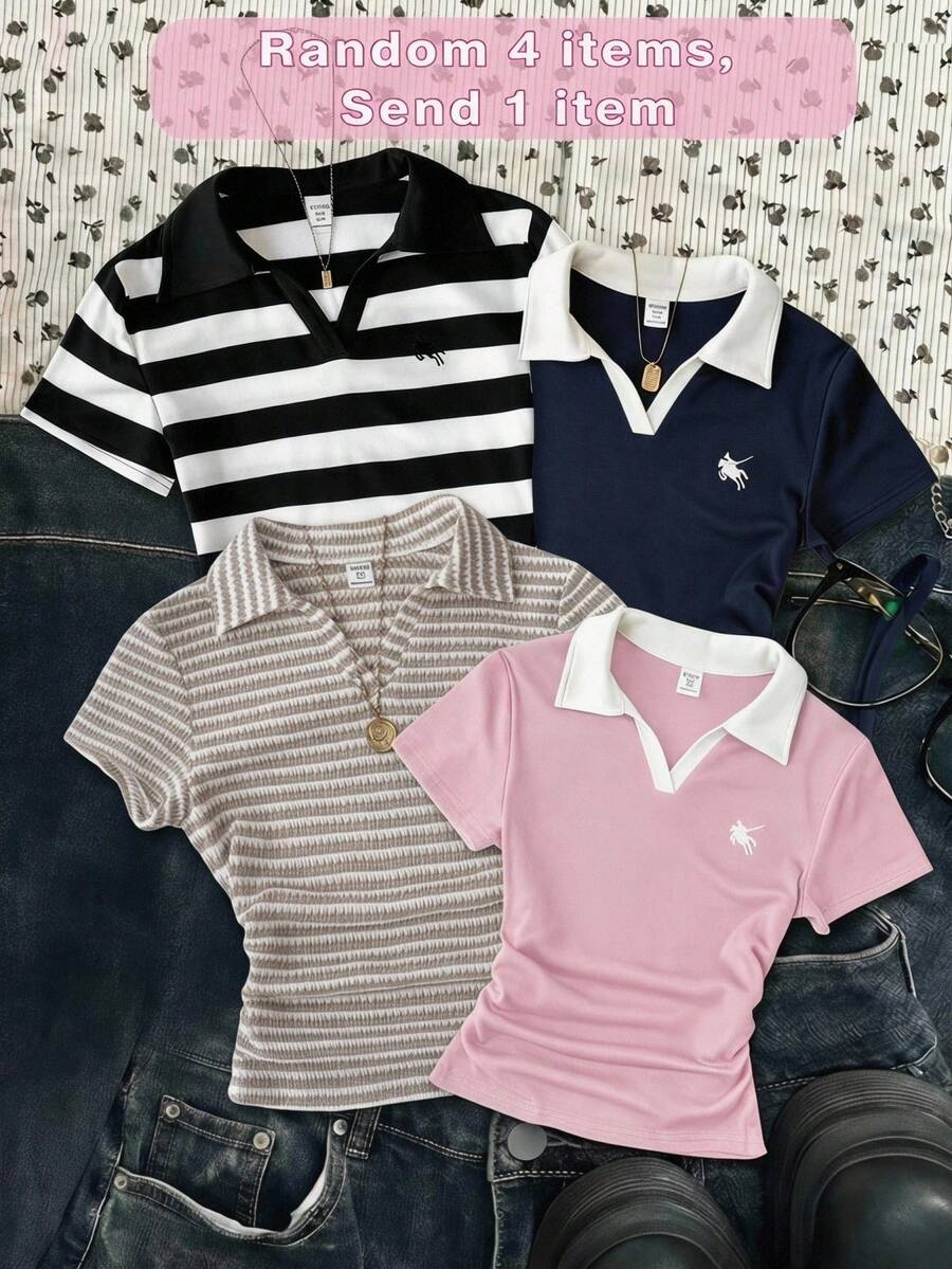 SHEIN 少女休闲校园风黑白条纹撞色领针织修身短款上衣,饰有撞色滚边和刺绣logo,Polo衫设计,儿童返校套装 - 黑與白 - 查看 1