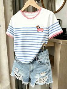 SHEIN 1pc Simple Striped Puppy Pattern Short Sleeve T-Shirt, Suitable For Little Girls Spring Summer Autumn Wear Top T-Shirt, Simple Casual Daily Style - Multicolor - View 3