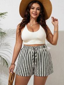 SHEIN VCAY Plus Size Women's Textured Striped Fabric Loose Casual Shorts Suitable For Summer - Black and White - View 5