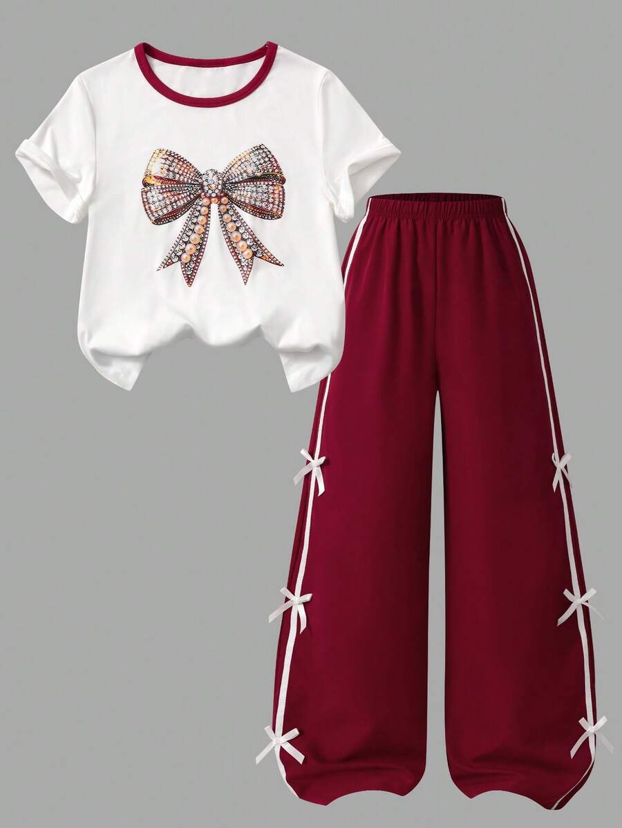 SHEIN 2pcs/Set Teen Short Sleeve & Long Pants Set, Bow Ribbon Pink, Suitable For Spring/Summer, Sports & Commuting - Multicolor - View 1