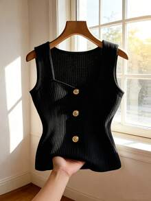 GlowEve CURVE Plus Size Sleeveless Round Neck Front Button Vest - Black - View 1