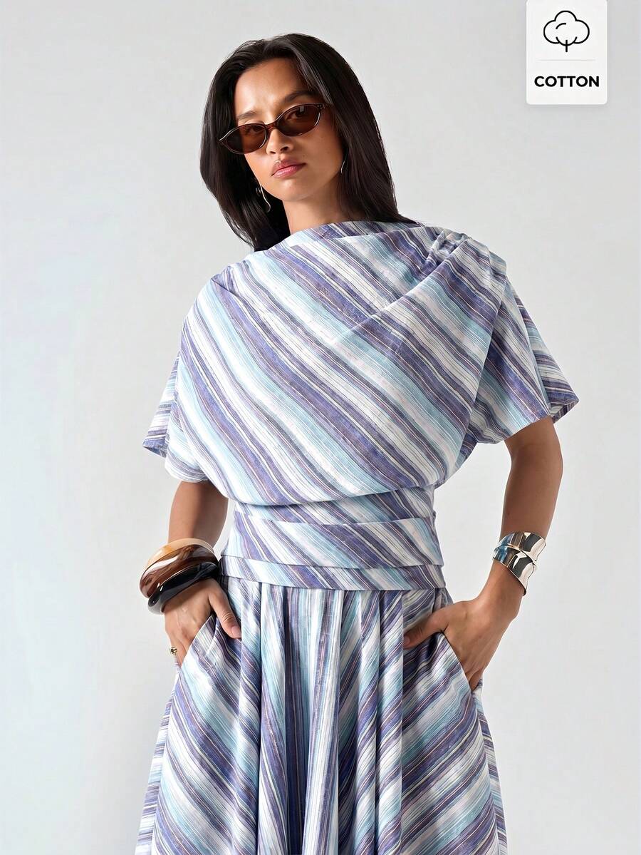 LYSMO 女款條紋拼接休閒百搭日常出遊T恤 - 藍色 - 查看 1