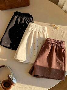 Resyla 3pcs Set Women's Polka Dot Printed Bow Shorts, Fashionable & Minimalist, Great Gift For Friends - Black - View 2