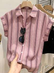 SHEIN Frenchy Áo sơ mi nữ kẻ sọc cài cúc kiểu dáng thường ngày, áo kiểu kẻ sọc, trang phục mùa hè cho nữ. - Nhiều màu - Xem 7
