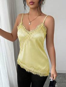 Rafferiza Women's Elegant French Lace Patchwork Asymmetrical Hem Cami Top - Light Yellow - View 3