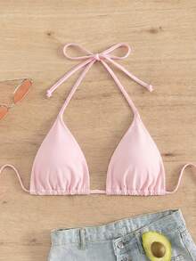Swim Basics Women's Solid Color Halter Neck Tie Bikini Top, Suitable For Summer Vacation And Beach - Pink - View 3