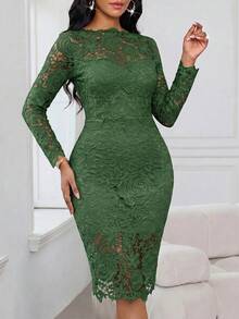 SHEIN Lady 女士纯色长袖蕾丝修身优雅时尚连衣裙 - 墨綠色 - 查看 6