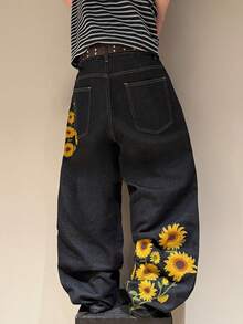 STEELVANCE Celana Jeans Denim Pria Model Saku Kancing Streetwear dengan Desain Bordir, Potongan Longgar dan Lebar - Hitam - View 7