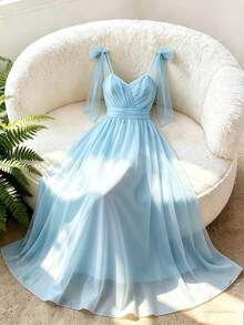 GlowEve CURVE Plus Size Tulle Dress, Elegant Party Gown For Vacation, Wedding, Romantic Date, Beach, With Spaghetti Straps And Pleats - Blue - View 7