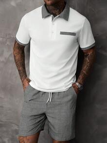 Manfinity CasualCool Men's Plaid Colorblock Short Sleeve Polo Shirt And Drawstring Shorts Set Golf Grey Plaid Summer Casual Old Money Gift Vacation Holiday  Streetwear - Multicolor - View 1