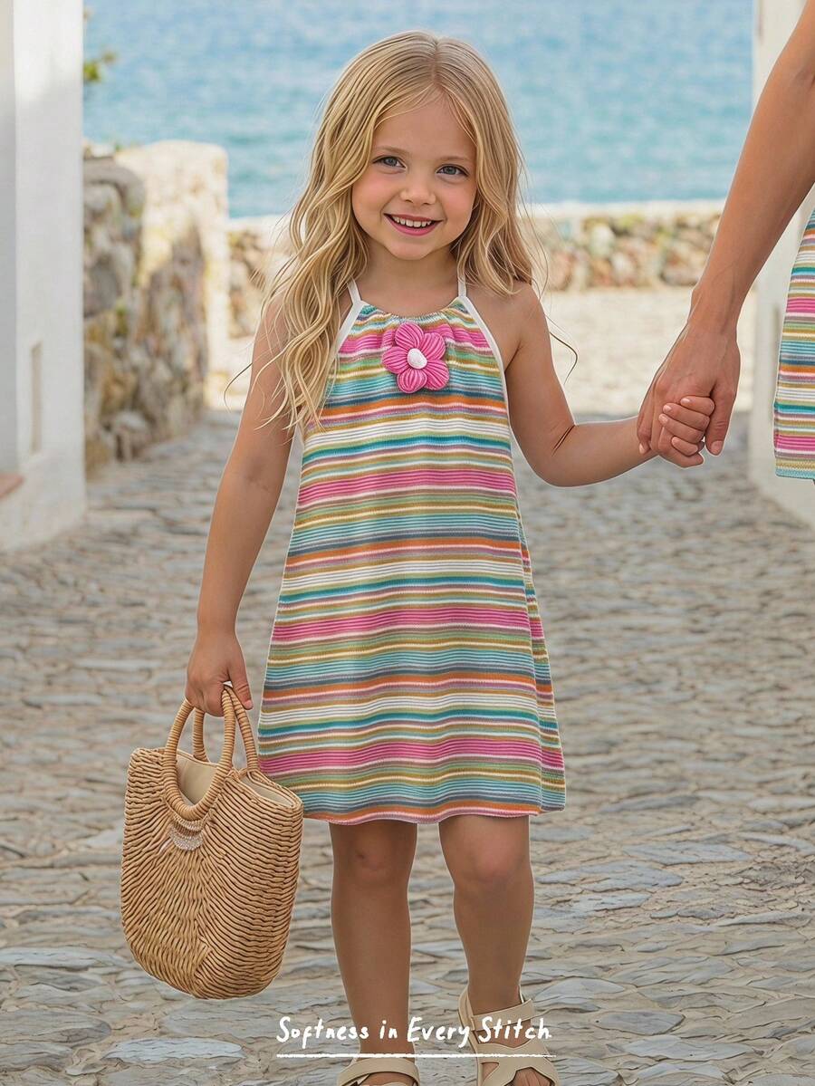 Cozy Pixies Young Girl Cute Rainbow Striped 3D Floral Decor Spaghetti Strap Ruffle Hem Casual Dress, Suitable For Daily Outing And Holiday - Multicolor - View 1
