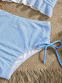 Swim Mod Women's Summer Beach Holiday Striped Fabric Ruffle Top Tank Top Bikini - Blue and White - View 3