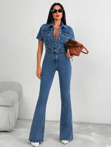SHEIN 鈕扣前開中藍色水洗休閒時尚風格彈性舒適牛仔連身褲高個尺寸 - 中等水洗藍 - 查看 6