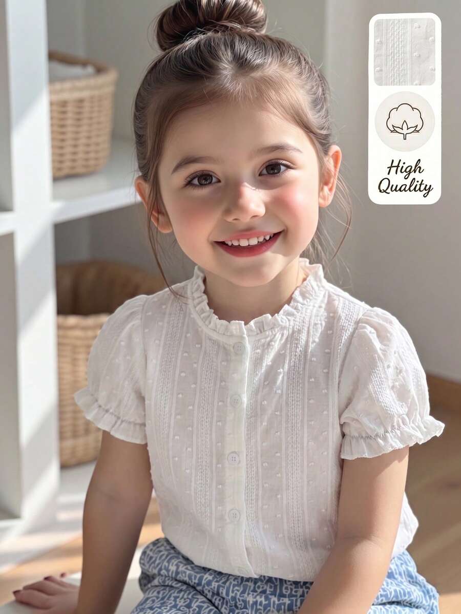 SHEIN Elladie kids 女童休閒紫色短袖棉混紡提花面料,柔軟蓬鬆。新時尚,度假與旅行必備。適合外出、休閒穿著與派對 - 白色 - 查看 1