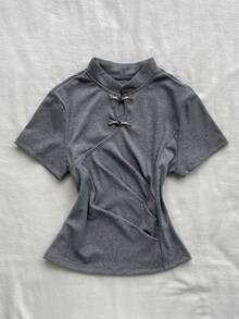 Attitoon Women's Casual Vintage Frog Button Fitted Short Sleeve T-Shirt, Women's New Chinese Style Clothing, Vintage, Cheongsam T-Shirt, Women's Summer Outfit - Dark Grey - View 3