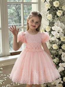 Glamorique Kids 公主 Tutu 網紗女童禮服，兒童生日表演正式長裙，新生兒短袖，新娘寶寶派對花童冬季紅色 - 粉色 - 查看 9