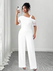 Elenzga Jumpsuit Minimalis Serbaguna Kasual Warna Polos untuk Wanita Ukuran Besar - Putih - View 3