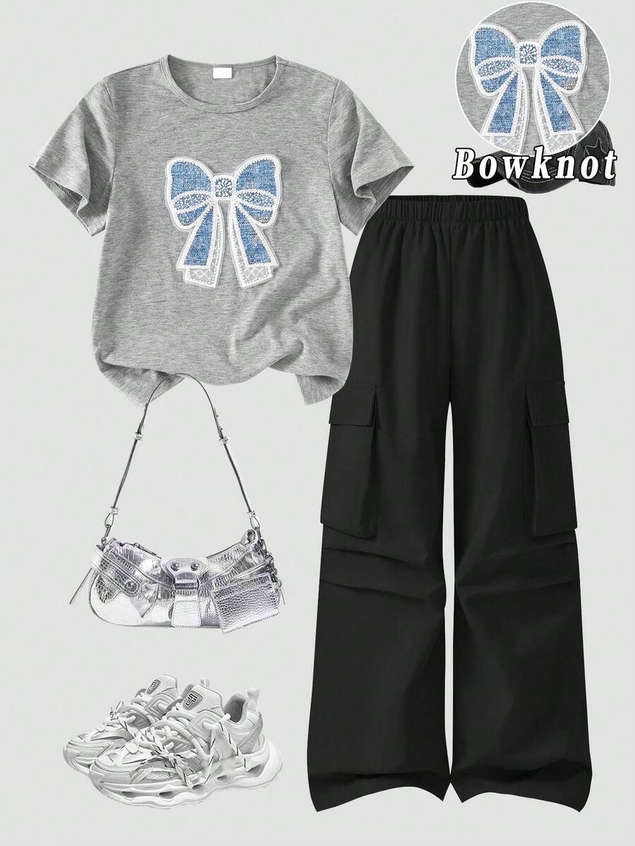 SHEIN 青少年女孩夏季休閒T恤套裝，蝴蝶結刺繡圖案圓領短袖T恤與工裝長褲2件組，適合春/夏季涼爽時尚穿搭