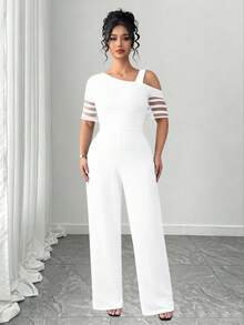Elenzga Jumpsuit Minimalis Serbaguna Kasual Warna Polos untuk Wanita Ukuran Besar - Putih - View 5