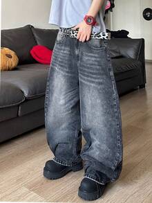 STEELVANCE Jeans de mezclilla casuales de pierna recta holgada y pierna ancha con diseño de bordado de bigotes de gato con tachuelas en el bolsillo trasero, estilo retro versátil y desgastado de estilo callejero - Negro - Ver 5
