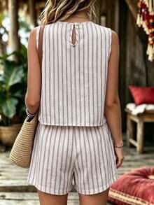EMERY ROSE Women's Woven Striped Casual Resort Summer Two Pieces Set - Apricot - View 2