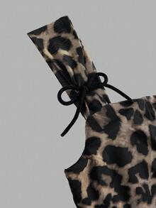 SHEIN Tween Girl Bow Accent Leopard Print Sleeveless Crew Neck Fitted Dress - Brown - View 4