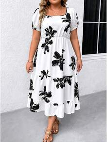 EMERY ROSE Vestido Maxi de Talla Grande con Cuello Cuadrado, Manga Corta, Estampado y Bajo con Volantes para Mujer - Blanco - Ver 1