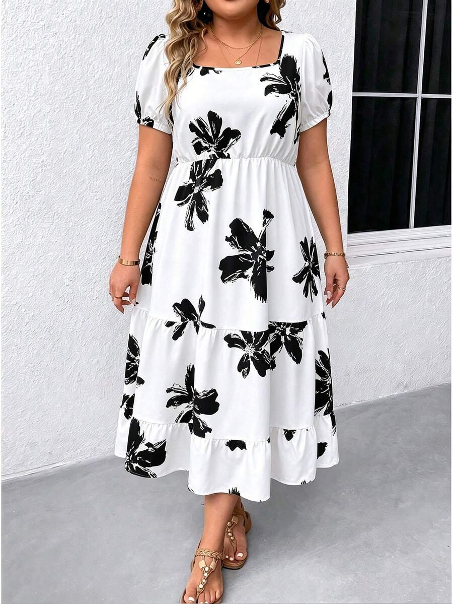 EMERY ROSE Vestido Maxi de Talla Grande con Cuello Cuadrado, Manga Corta, Estampado y Bajo con Volantes para Mujer - Blanco - Ver 1