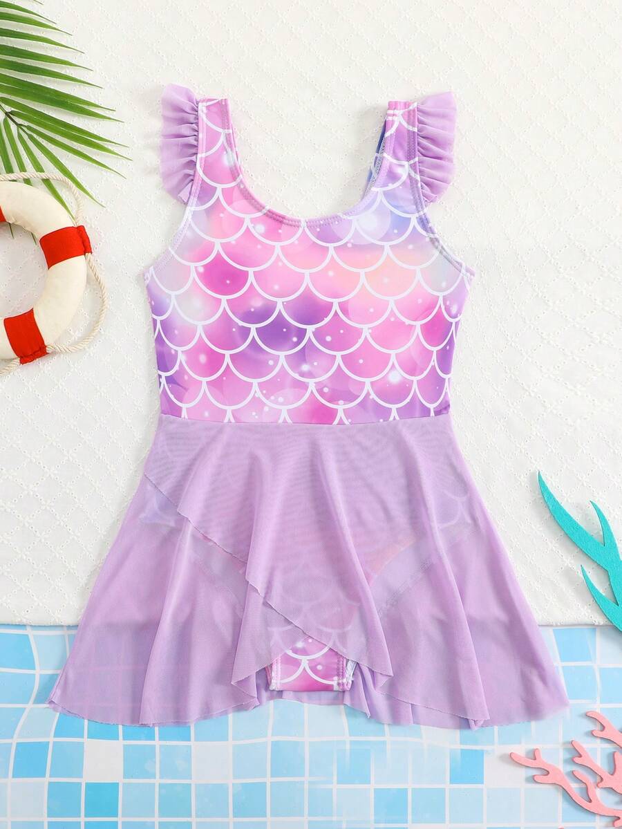 SHEIN 女童一件式魚鱗印花泳衣,網紗荷葉邊下擺,極簡時尚,快乾舒適針織面料,適用於海灘、泳池、海邊、衝浪、度假、夏季、旅行、假期,隨機印花 - 彩色 - 查看 1