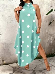 Breezaya Women's Plus Size Summer Zipper Neck Sleeveless Polka Dot Casual Elegant Dress - Green - View 4