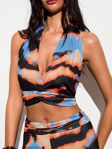 Barévion Women's Contrast Color Pleated Halter Top And Long Pants Casual Sexy Daily Two Pieces Set Music Vacation Orange And Black Summer - Multicolor - View 2