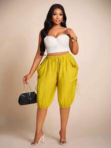 Brilight Spring Summer Casual Commute Brunch Style: Cropped Trousers With Elasticized Cuffs And Decorative Side Pockets, Mustard Yellow - Mustard Yellow - View 3